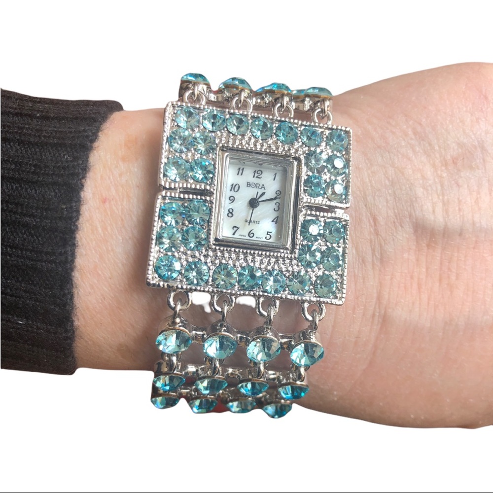 Bora Silver Quartz Watch Square Aquamarine Rhinestones Secure Clasp Gift Boxed - Picture 5 of 8